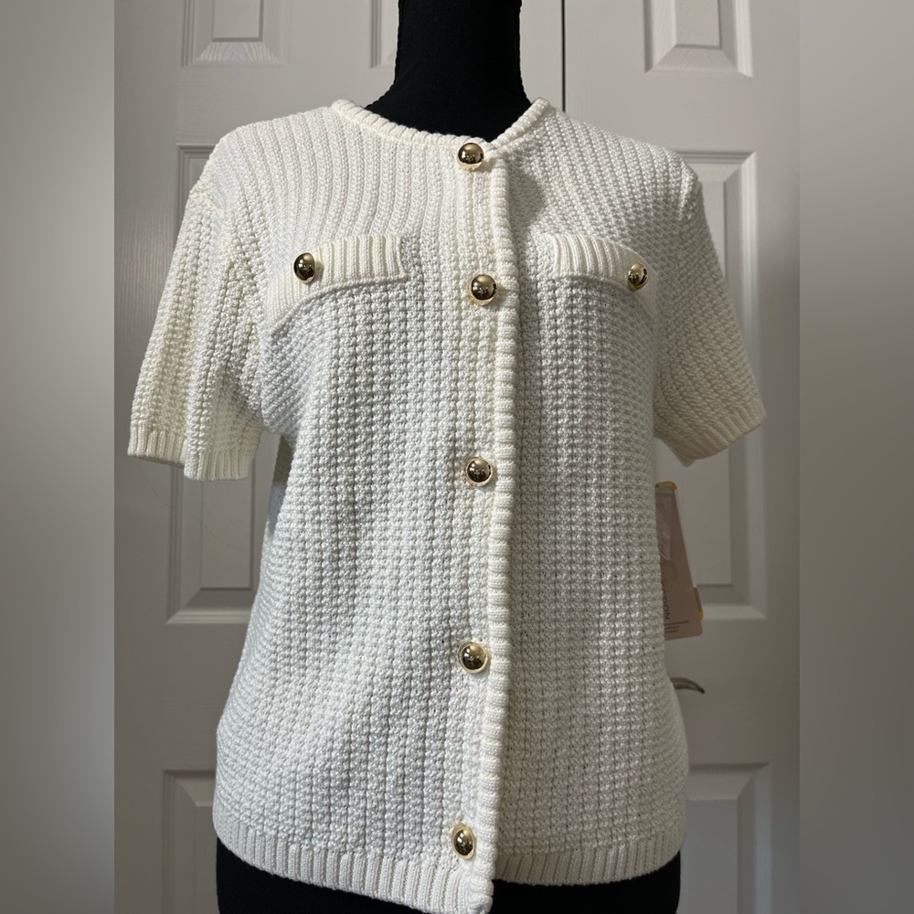 French Connection Cream Knit Cardigan Top Gold Buttons Medium